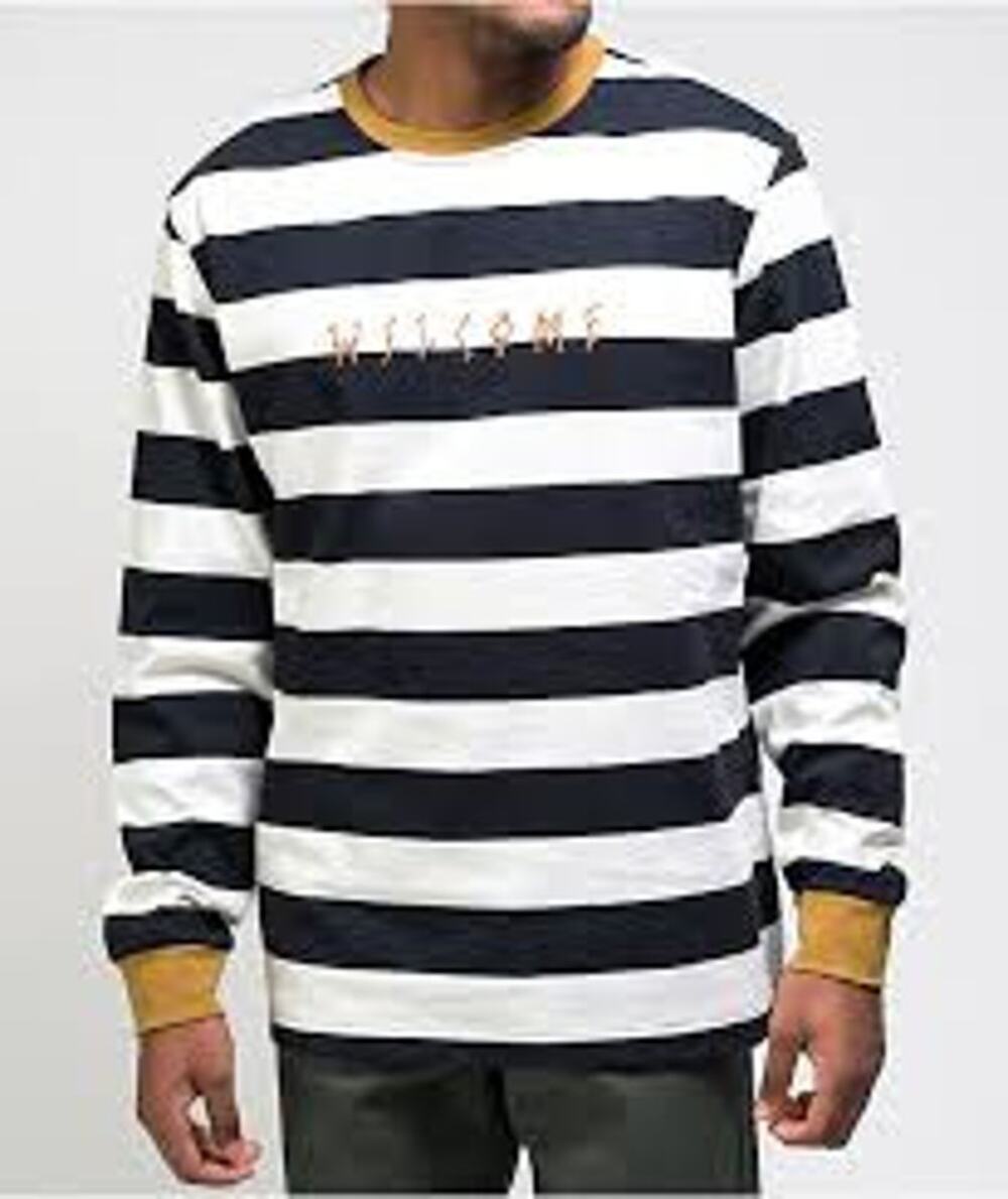 Welcome Thicc Stripe Black & Bone Knit Long Sleeve T-Shirt Mens Size Medium Punk